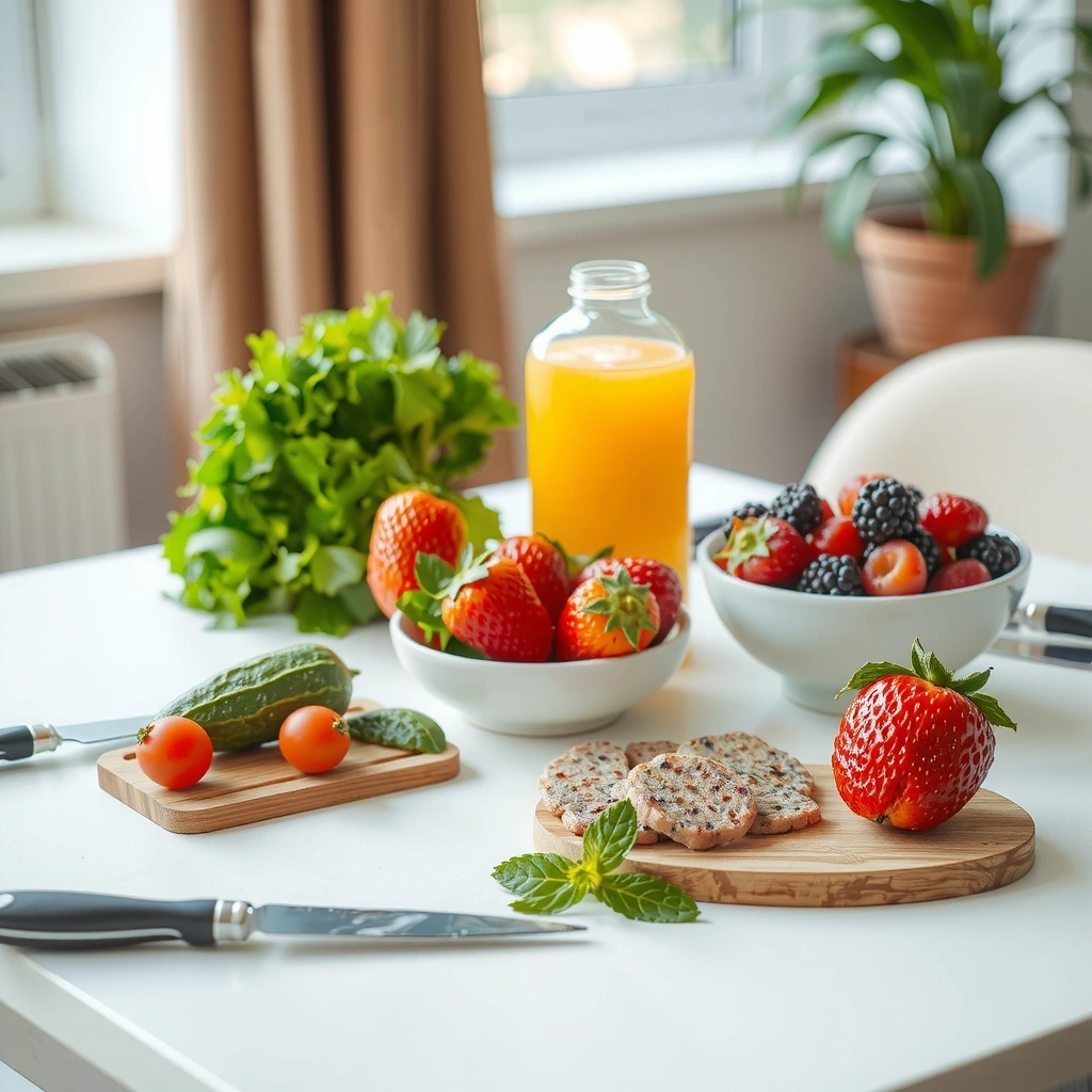 Gesunde ausgewogene Mahlzeit auf einem gedeckten Tisch